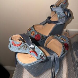 Embroidered Blue Wedge Sandals